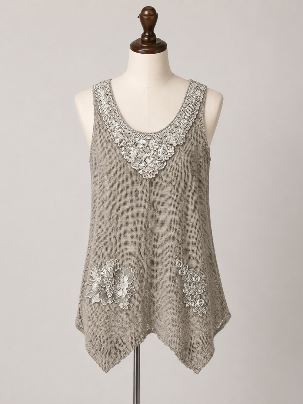 Pretty Angel Sleeveless Tank Top Tan Beige Lace Mesh Boho Tunic Floral Small